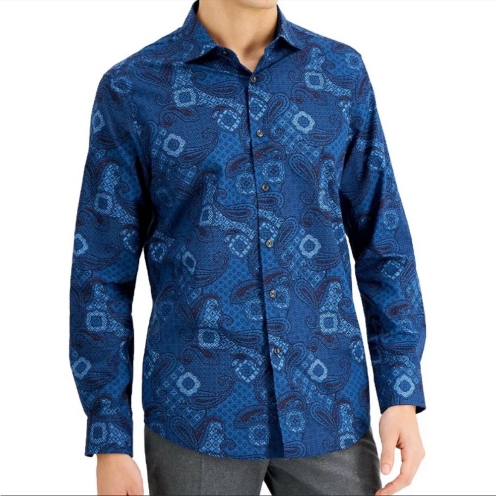 Tasso Elba Men's Long-Sleeve Paisley Button-Down Dobby Shirt, Blue Combo, Small